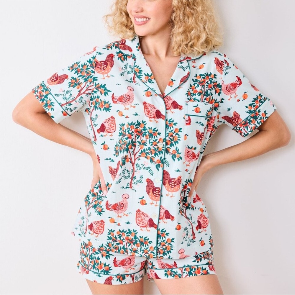 Printfresh Hen House Short Sleep Set in Soft Blue Size 3X